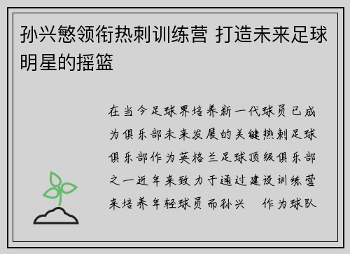 孙兴慜领衔热刺训练营 打造未来足球明星的摇篮
